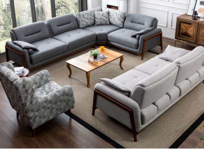 Wohnzimmer Set Ecksofa L-Form Couch Grau Polster 3 +1 Sitzer Textil
